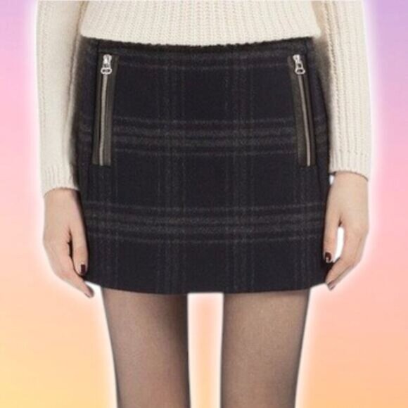 MAJE Wool Blend Check Plaid Mini Skirt Sz XS Lambskin Leather Trim - Picture 1 of 8